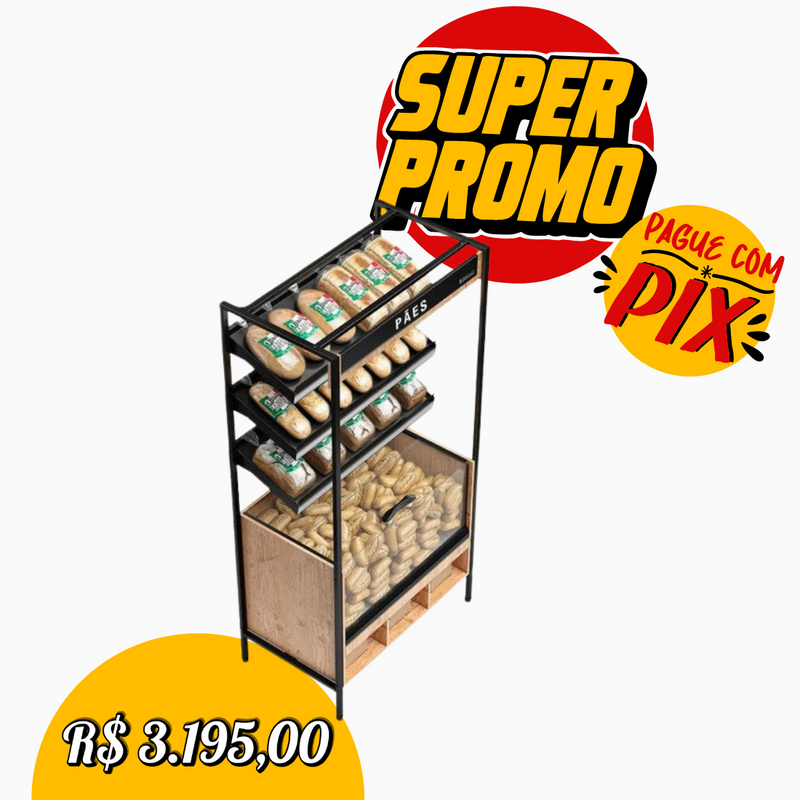 Prateleira p/ Pães Auto Atendimento 1,0M c/ Caixa 3 Prateleiras - Gelopar