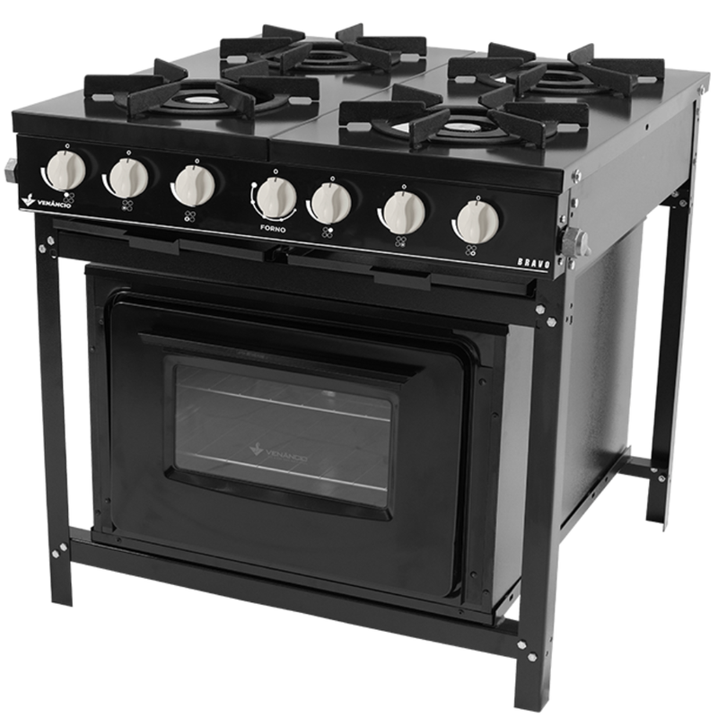 Fogão Bravo 4 Bocas Forno Preto GLP Venâncio