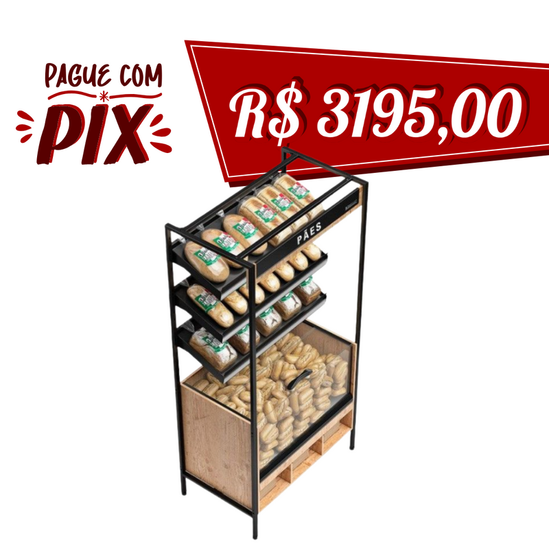 Prateleira p/ Pães Auto Atendimento 1,0M c/ Caixa 3 Prateleiras - Gelopar