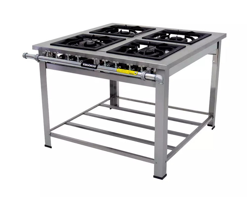 Fogão Industrial Inox 4 Bocas Duplas 40x40 Gás GLP - Venâncio