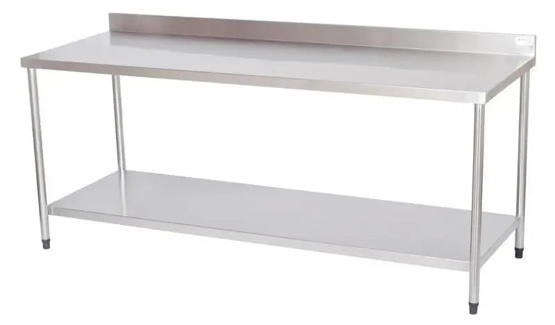 Mesa Inox 304 Soldado 150x70x85cm com prateleira inferior lisa e espelho traseiro - P